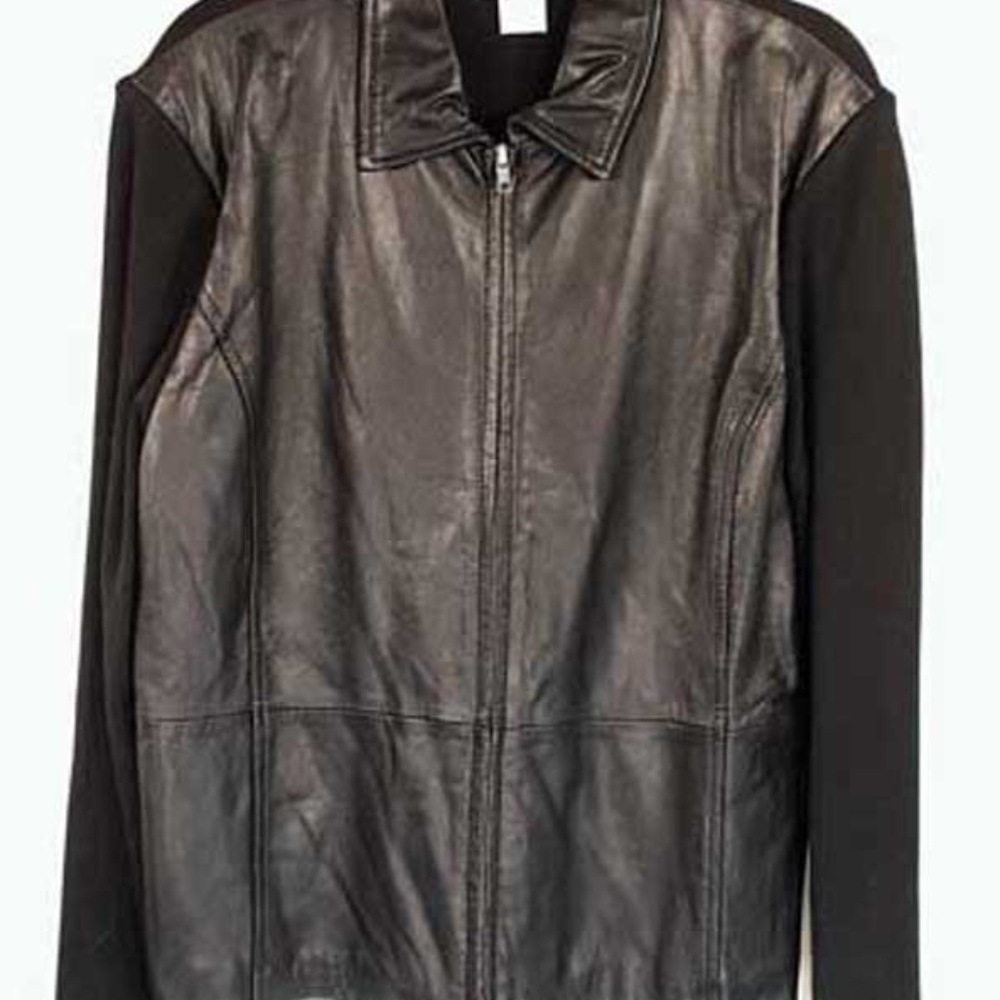 JACKET, CALF LEATHER & 55% SILK, BLACK, MISSES MEDIUM, FRONT ZIPPER, FULLY LINED